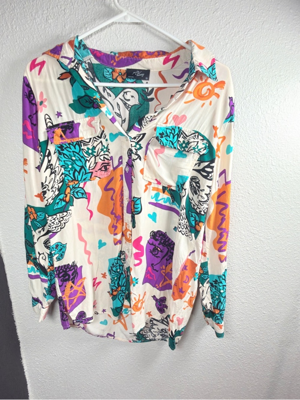 Abstract Print Button-Down Shirt in Cream with Teal & Purple Accents